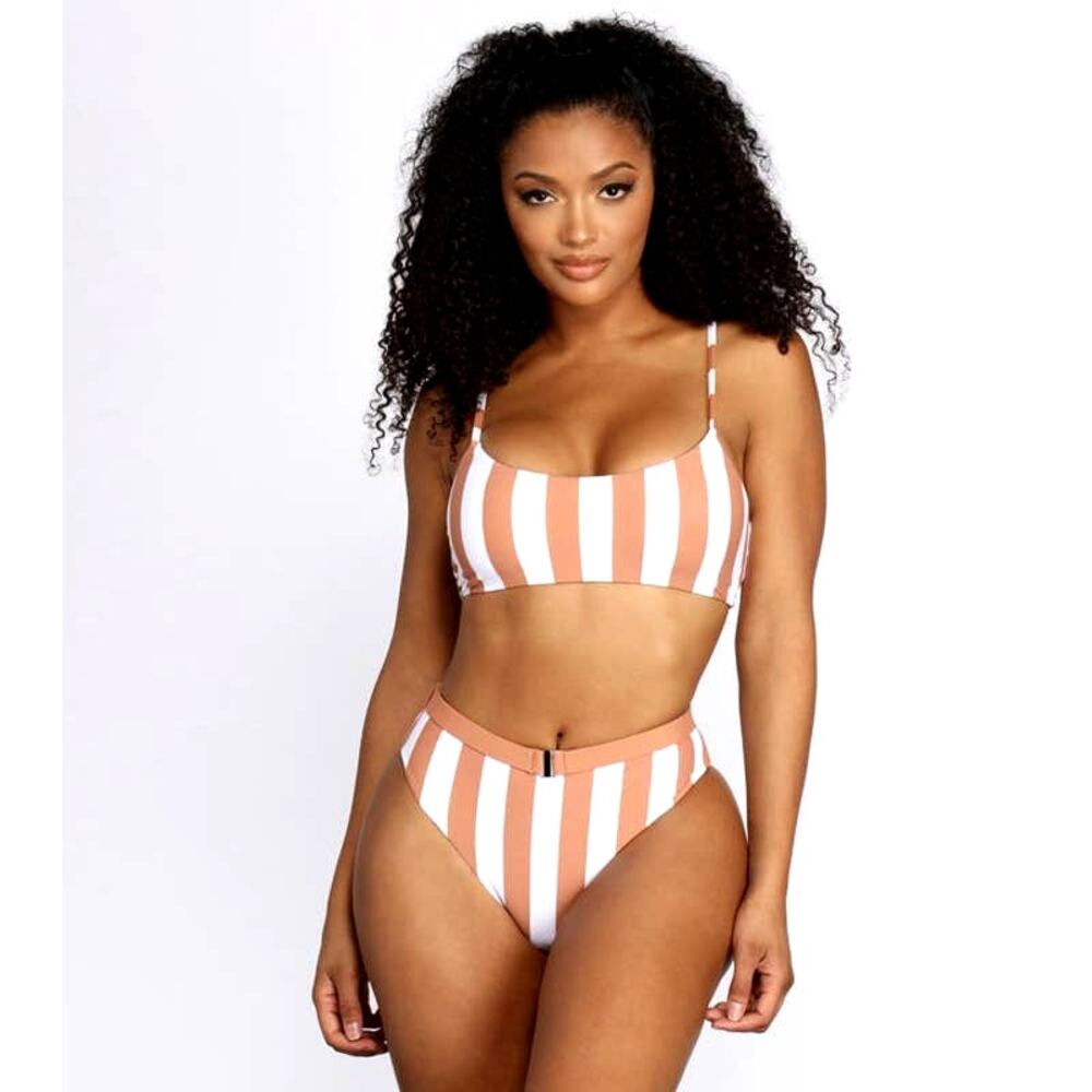 New XS Fashion Nova Vacation Stripes 2 Piece Bikini Tan Rust Hi Cut Swim‎ Set